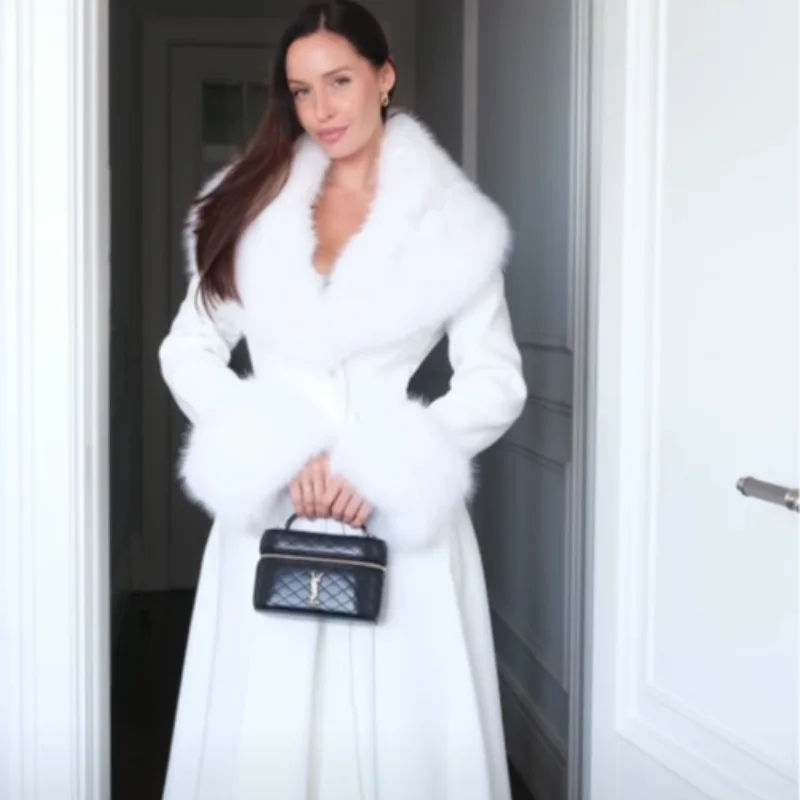 Women Elegant Maxi Wool Blend Coat Faux Fur Big Collar Cuffs Waist Cinched Flared Hem Long Sleeve A Line Daily Casual Outerwear