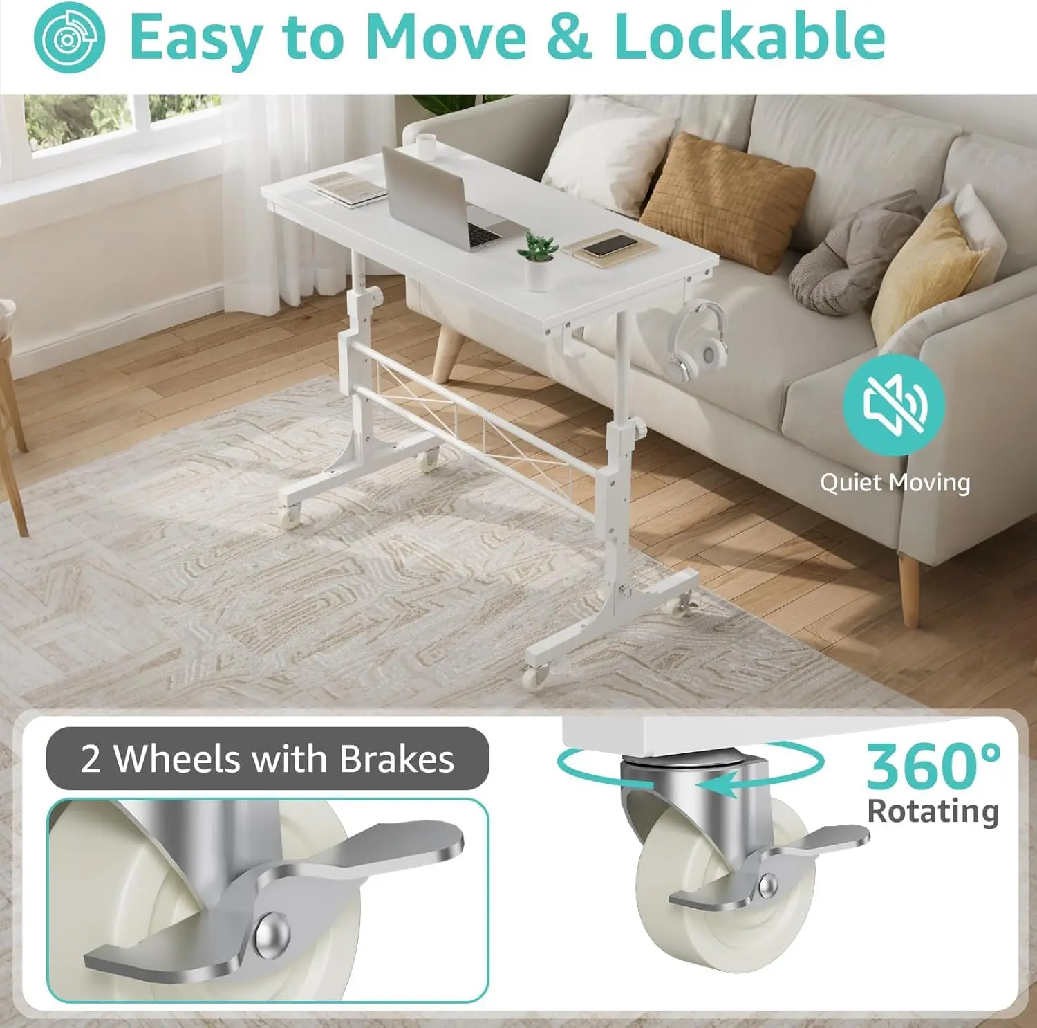 مكتب دوار بارتفاع قابل للتعديل مع عجلات، محطة عمل متوافقة مع جهاز المشي باللون الأبيض مقاس 32 بوصة للمكتب المنزلي