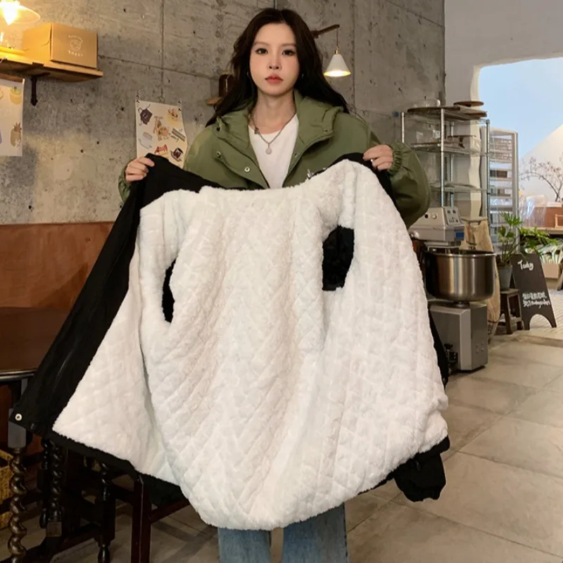 Women Cotton Coat Oversize Lamb Wool Cotton Jacket For Women's Winter Plush And Thick Hooded Jacket