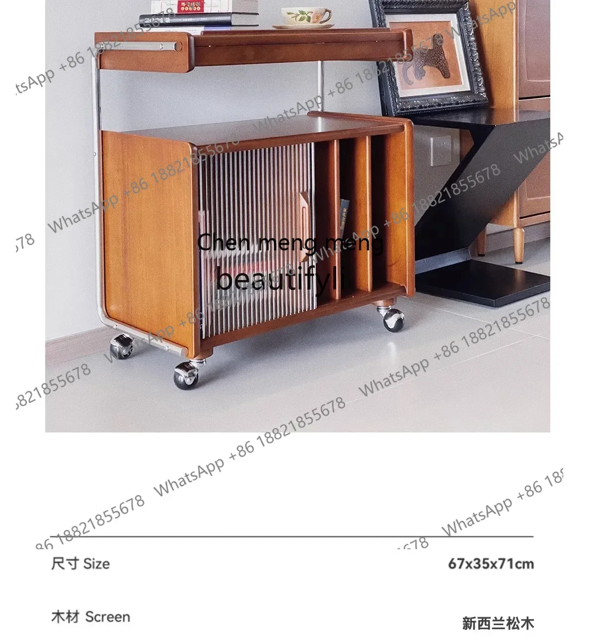 Tea Dining Car Mid-Ancient Style Solid Wood Side Cabinet Storage Bookshelf Living Room Bedroom Retro Side Table Storage Mobile