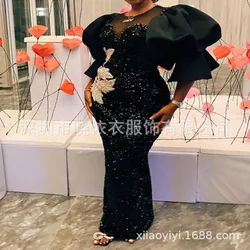 Customized Long Black Dresses Velvet Sequins Embroidered Chest Wrapped Puff Sleeve Dress Classy Ladies Spring Fall Party Celebri