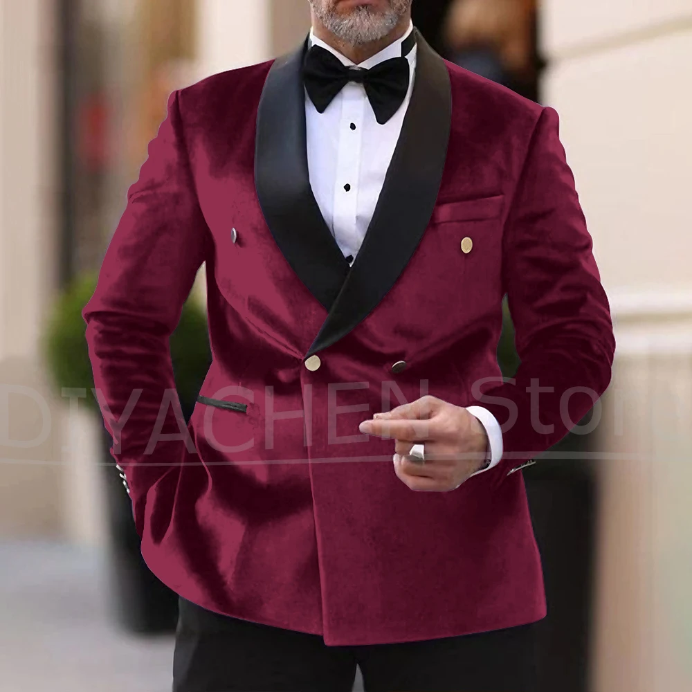 Latest Design Velvet Men Blazer Purple 1 Piece Fashion Shawl Lapel Wedding Tuxedo Jacket Slim Fit Prom Party Dinner Blazer
