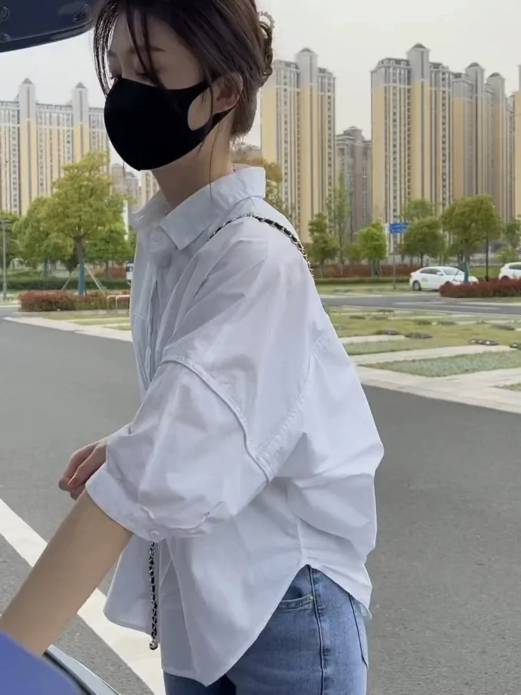 

Elegant White Short Sleeve Women's Shirt Loose Fit Summer Fashion Top Beautiful Stylish Design Collar Two Piece Set