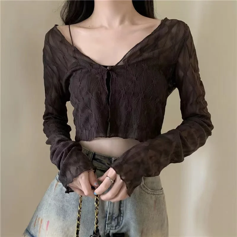 Novedad de verano, cárdigan ajustado con ribete de encaje v-ne ort Svel para mujer, prendas de vestir exteriores para aire acondicionado Thin Me Open-irt