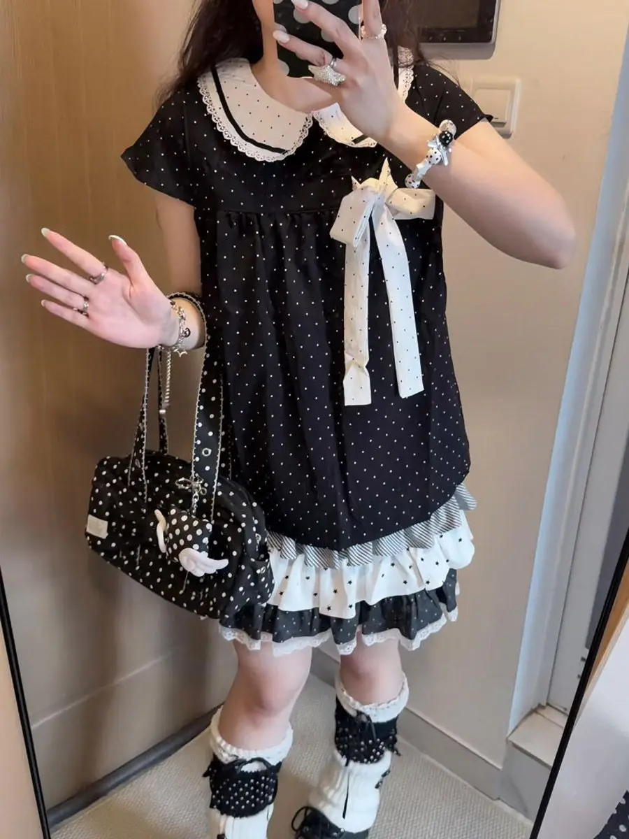 Y2K Kawaii Japanese Polka Dot 2 Piece Set Women Doll Collar Short Sleeve Bow Lace Trim Ruffle Cake Skirt Loose Fit Dress Casual view 4