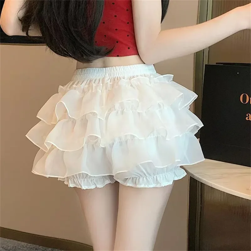 Korean Style Cute Short Skirt White Black Mini Skirts 2026 Summer Women Sweet Cake Skirts Patchwork Ruffles Pumpkin Pants Skirt