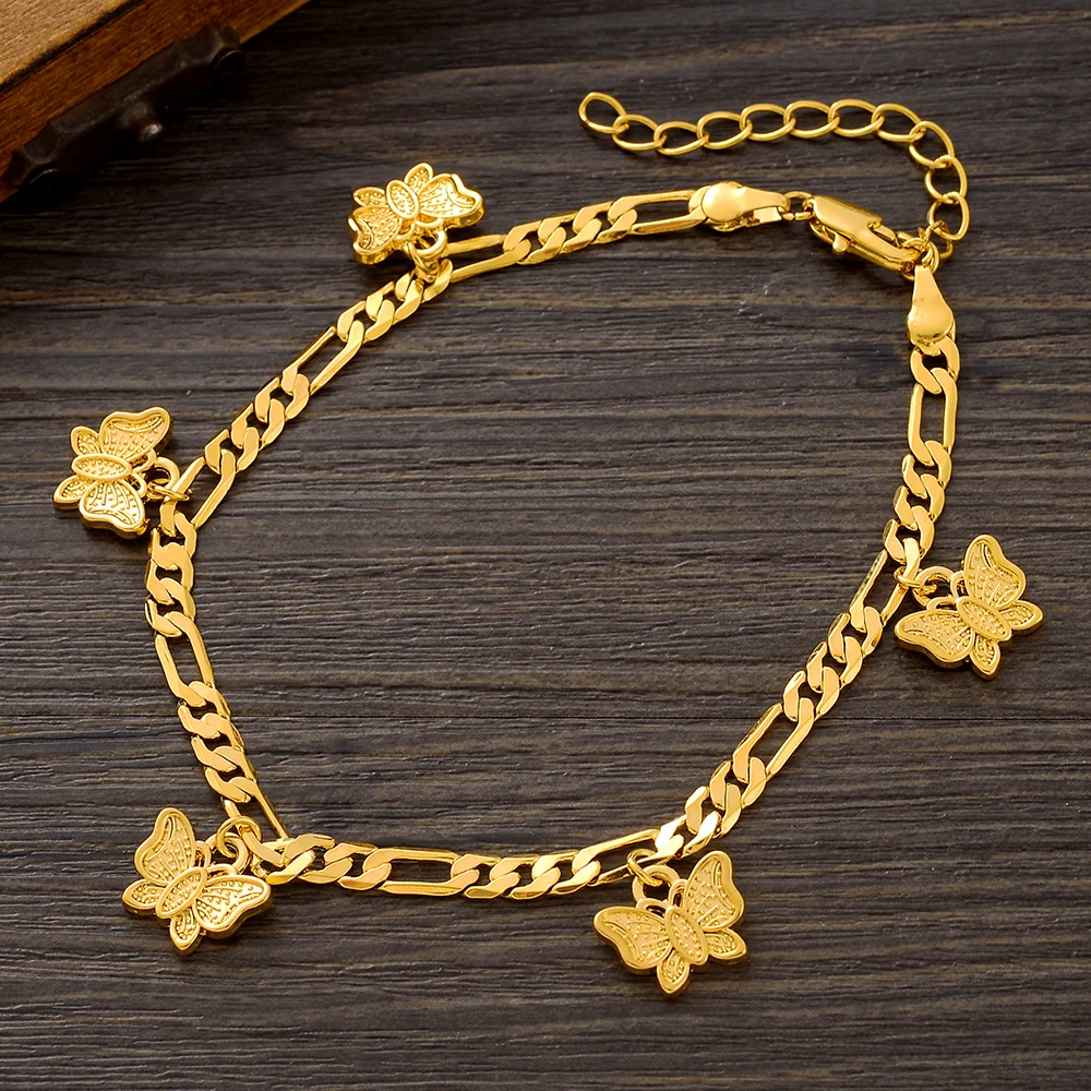 

24K 21cm Gold Plated Charm Butterfly Anklet Bracelets Ethiopia Africa India USA For Man Women Jewelry Wedding Party Gift