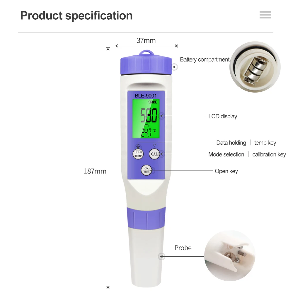 Portable Pen ORP Meter Blue-Tooth Redox Potential Online Analyzer Water Quality Purity Teste for Laboratory Swimming Pool Temp