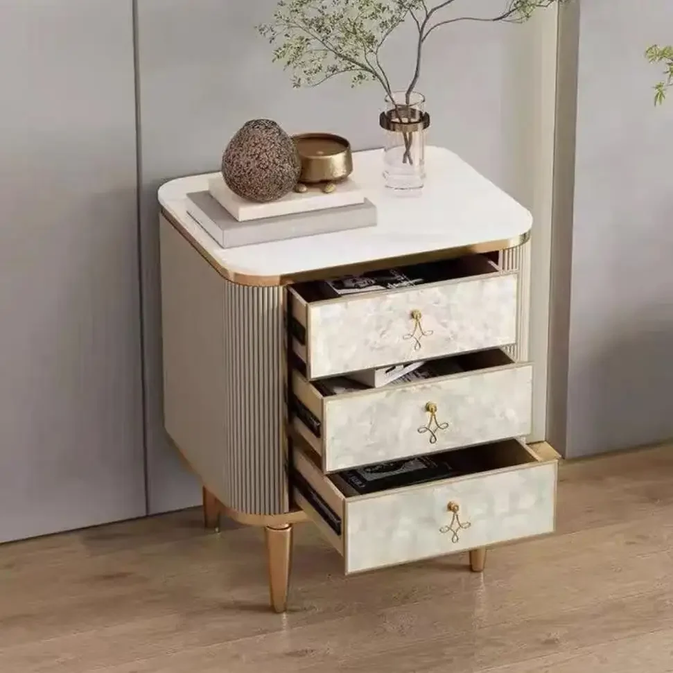 02Modern light luxury style bedside table champagne gold deep sea shell three bucket cabinet