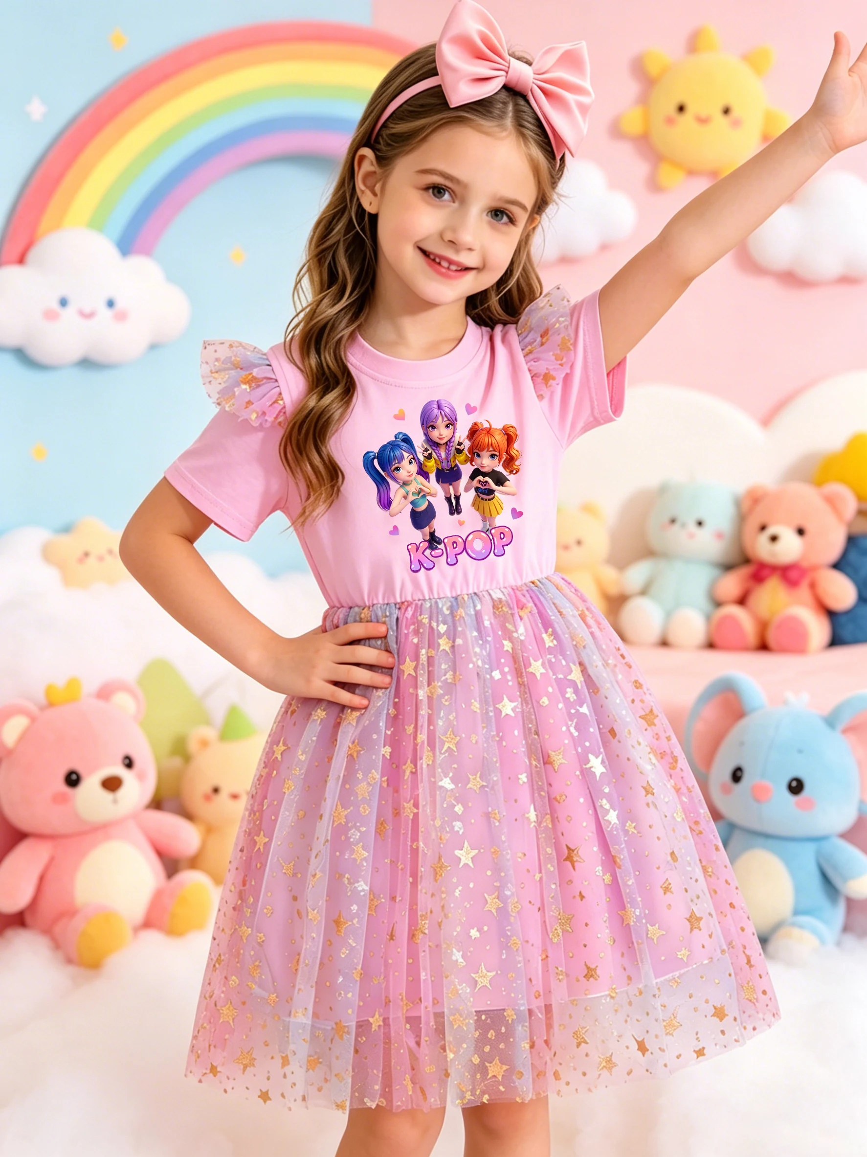 Mädchen-K-Pop-Kleid mit Cartoon-Idol-Print, Regenbogen-Farbverlauf, Pailletten-Mesh, Lässig Locker Sitzend, Trendige Kindermode – Detail 4
