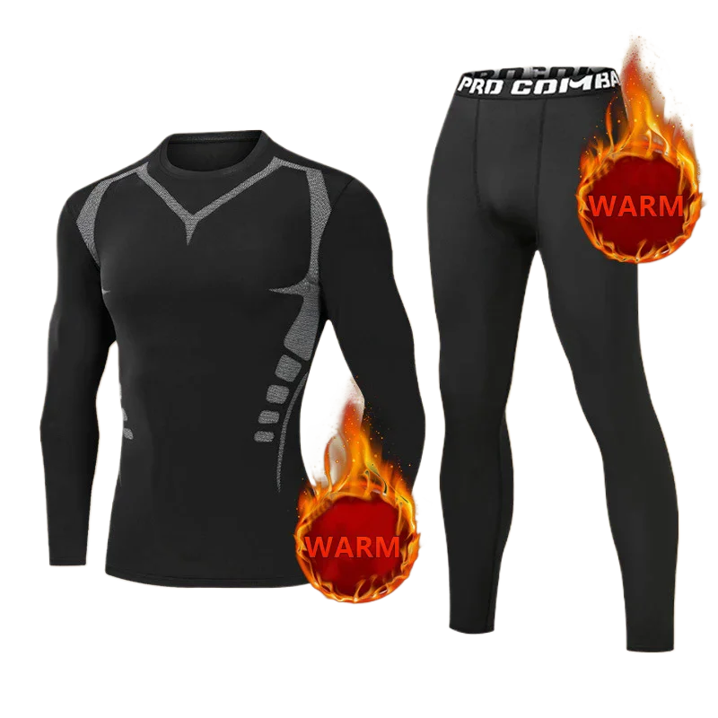Winter Running Set Men's Velvet Warm Printed Tight Clothing Sports Fitness Skiing Training High Elasticity Set