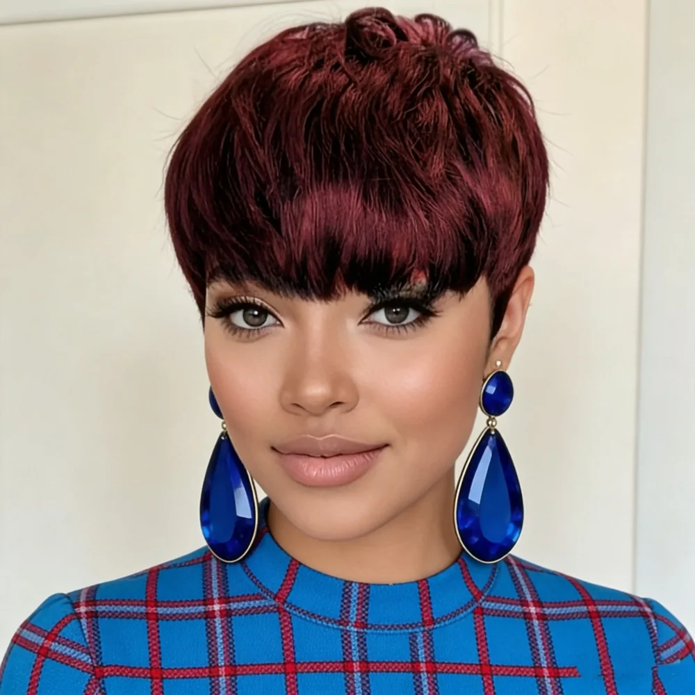 

Короткий парик-пикси из натуральных волос для женщин, полностью машинной работы, короткий прямой парик