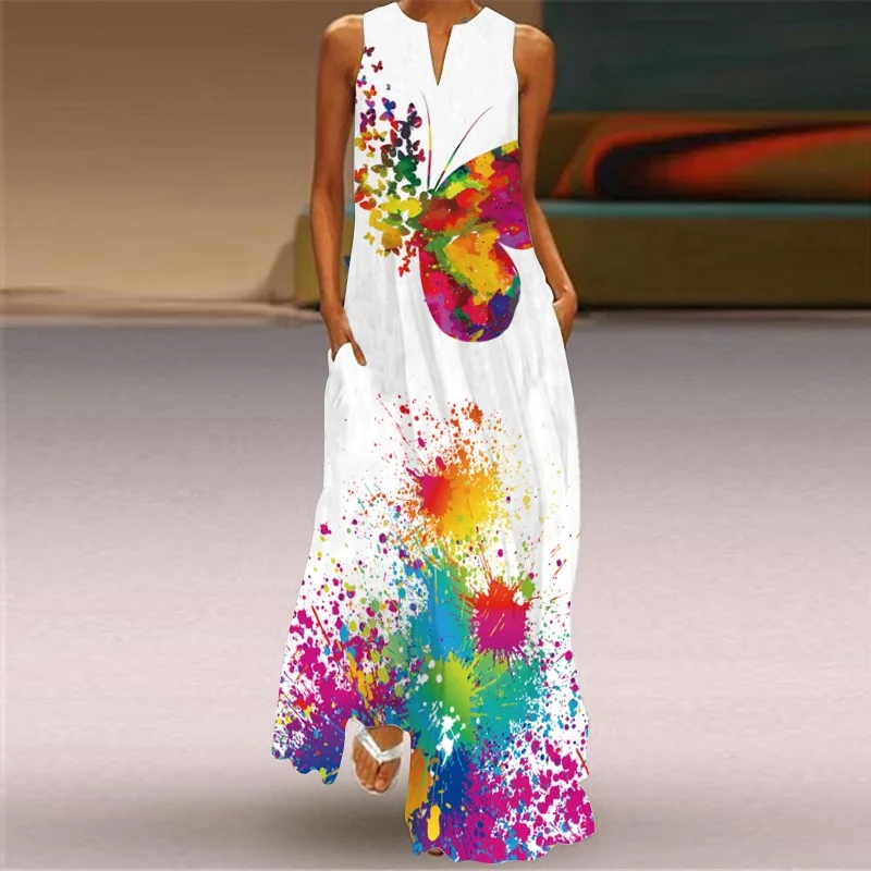 Casual and Elegant Colorful Butterfly Print Dress Suitable for Party Beach Dresses