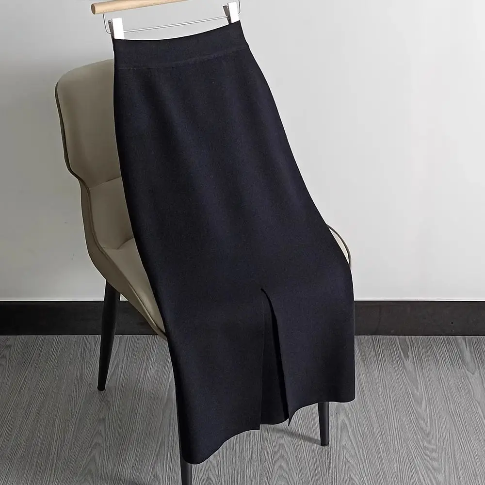 Autumn and Winter Large Size Knitted Skirt Women\'s One Step Skirt High Waist Slimming Long Skirt Split Wool Straight Dress LJ201