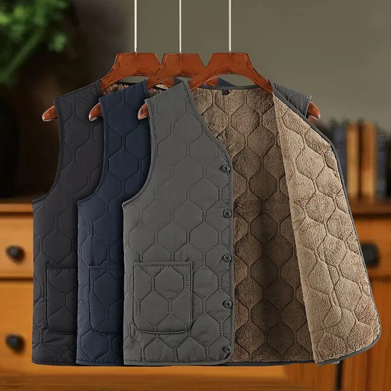 Autumn Winter Waistcoat Men's Fleece Warm Solid V-Neck Casual Plaid Jackets Sleeveless Thicken Button Cardigans Vests