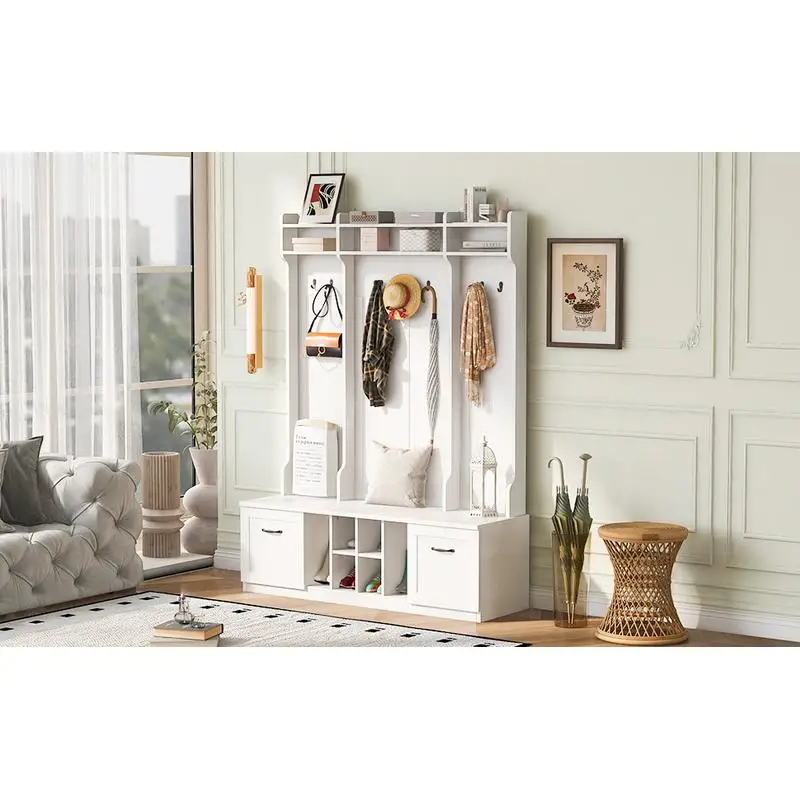 Скамейка в прихожей 5 в 1 с вешалкой для одежды, 7 прочных крючков, 2 просторных ящика и регулируемыми полками, широкое дерево для прихожей шириной 58,8 дюйма с металлом