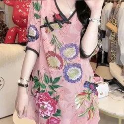 Age Reduction Chiffon V-neck Frog Fashion Vintage Shirt Women 2024 Summer New National Style Casual Printing Half Sleeve Shirt