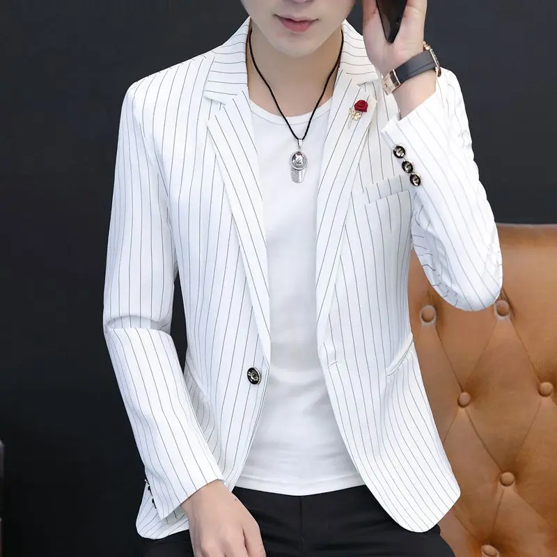 

Men's Slim Fit Casual Striped Jaet Spring Autumn Faionable Thin Young Korean Version Stand Sle Long Sve Single Bu...