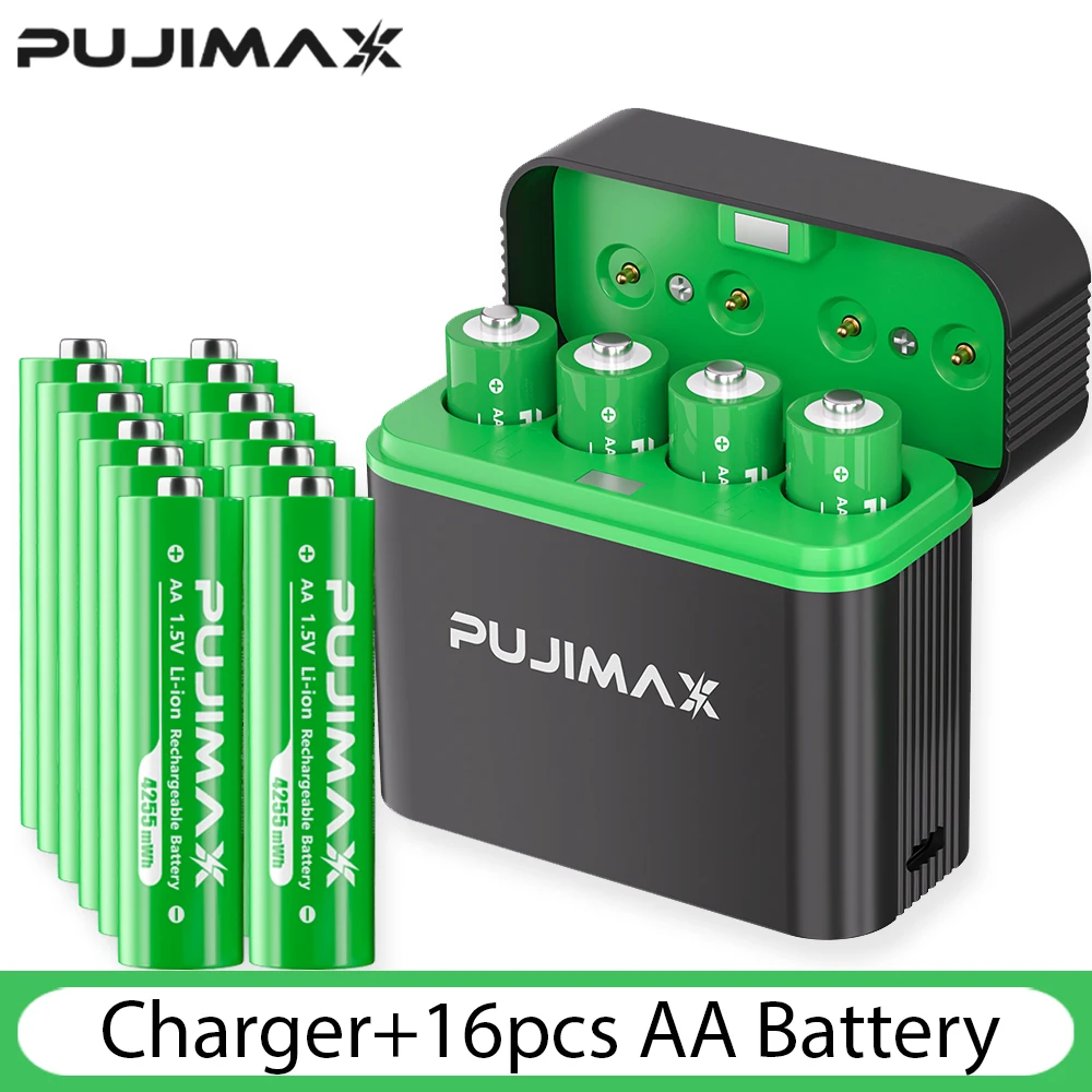 PUJIMAX 4/8/12 Slot AA 4255mWh Smart Oplaadcompartiment 1,5V Lithiumbatterij Oplaadbare Oplader Set Grote Capaciteit