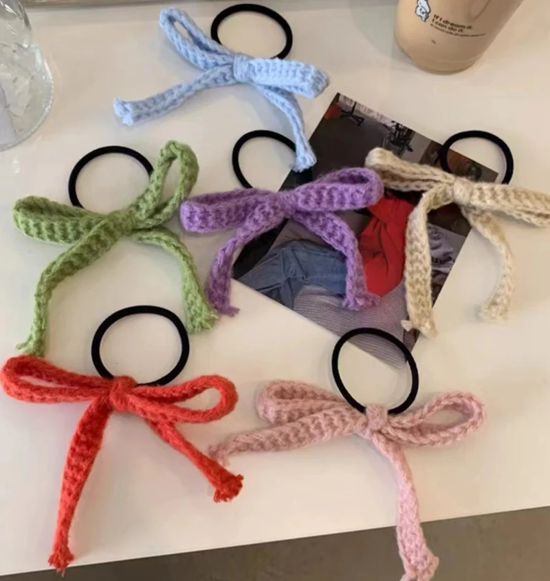 Farbige Woolen Bogen Haar Krawatte Scrunchies Kopfbedeckungen Für Mädchen Korea Süße Gestrickte Band Pferdeschwanz Elastische Haarband Haar Zubehör