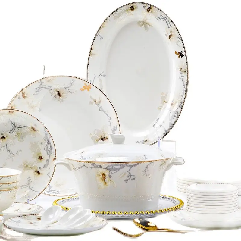 60 Heads Dish set home simple European jingdezhen ceramics Chinese bowl plate combination dishes and plates sets