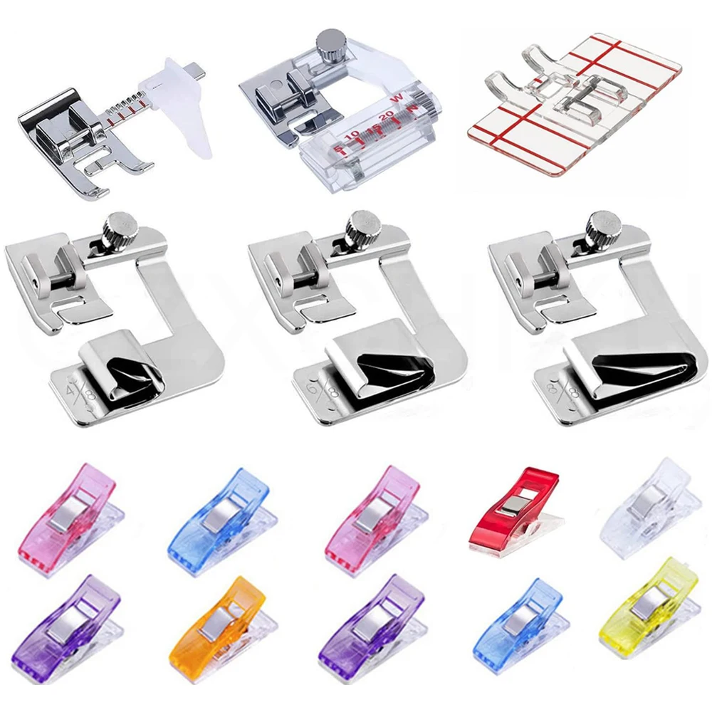 

16pcs Sewing Machine Foot Kit - 3Pcs Wide Hem Foot, Bias Tape Binder Foot Border Guide Presser Foot 10pcs Plastic Sewing Clips