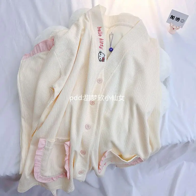 Sanrio Hello Kitty Japanse Kat Nachtkleding Dames Lente Herfst Nieuwe Lange Mouw Broek Internet Rode Ruche Woninginrichting Set