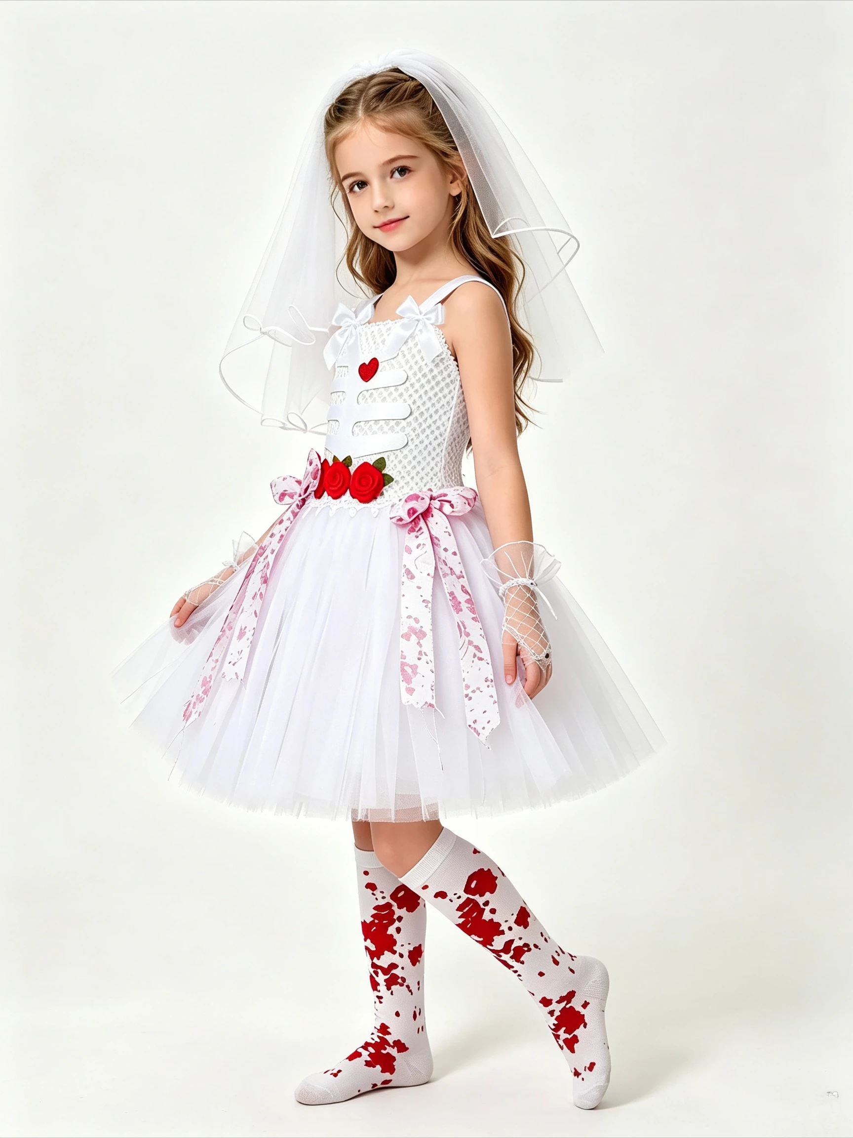 Halloween Masquerade Party Zombie Bride Scary Skeleton Style Tutu Dress With Veil Lace Gloves Blood Socks Kid Ghost Bride Outfit