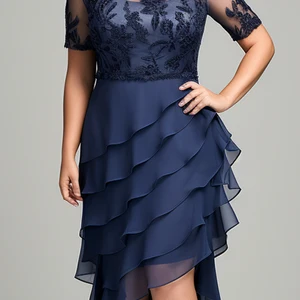 Flycurvy Plus Size Blue Marine Hochzeit Gast Chiffon -Spitze in Schichten 10 Hauptverkaufskleid plus Größe Marine Blau - №1