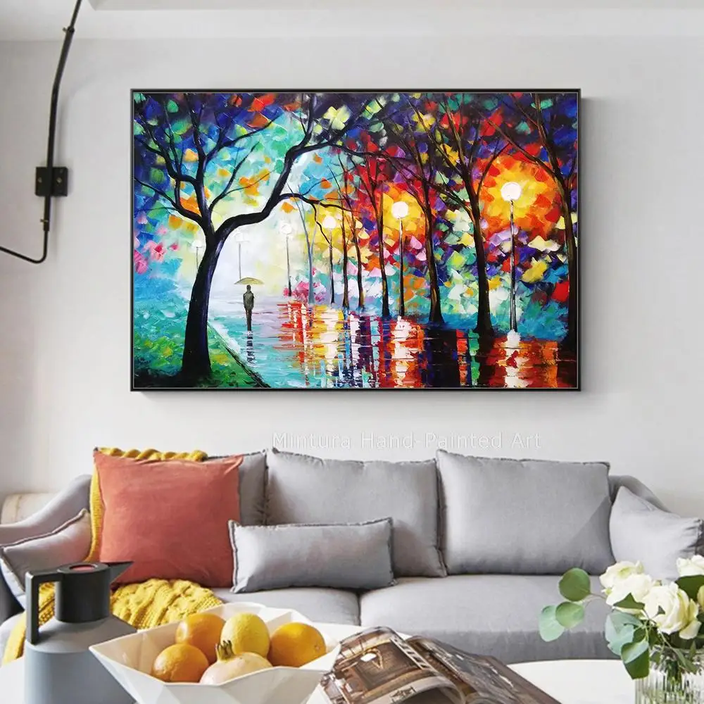 

Mintura,Large Artwork Wall Art,Picture Dining Room Home Decor Handmade Lonely Rainy Nightscape 3D Modern Oil Paintings On Canvas