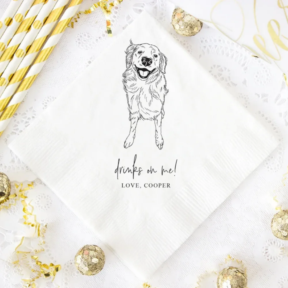 Dog Illustration Wedding Cocktail Napkins, Custom Pet Portrait, Napkins For Wedding, Dog Lover Wedding, Pet Sketch Napkins，50Pcs