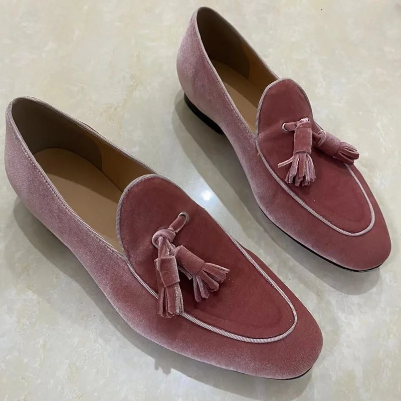 LTTL New British Style Pink Velvet Shoes For Men Handmade Tassel Loafers Men\'s Casual Flats Boat Shoes Smoking Slippers