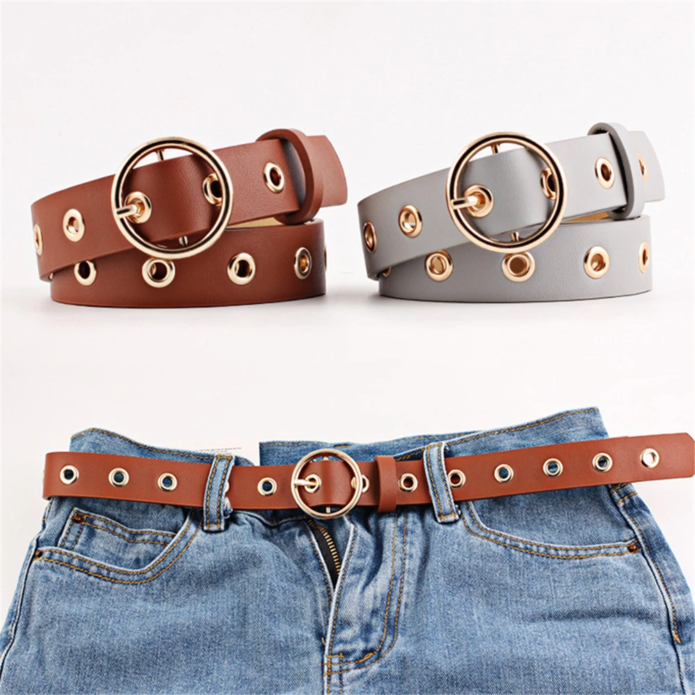 

Women Belt Round Buckle Fashion Leather Belt for Women Black Pink White Blue Red Ladies Accessories Belts 103cm