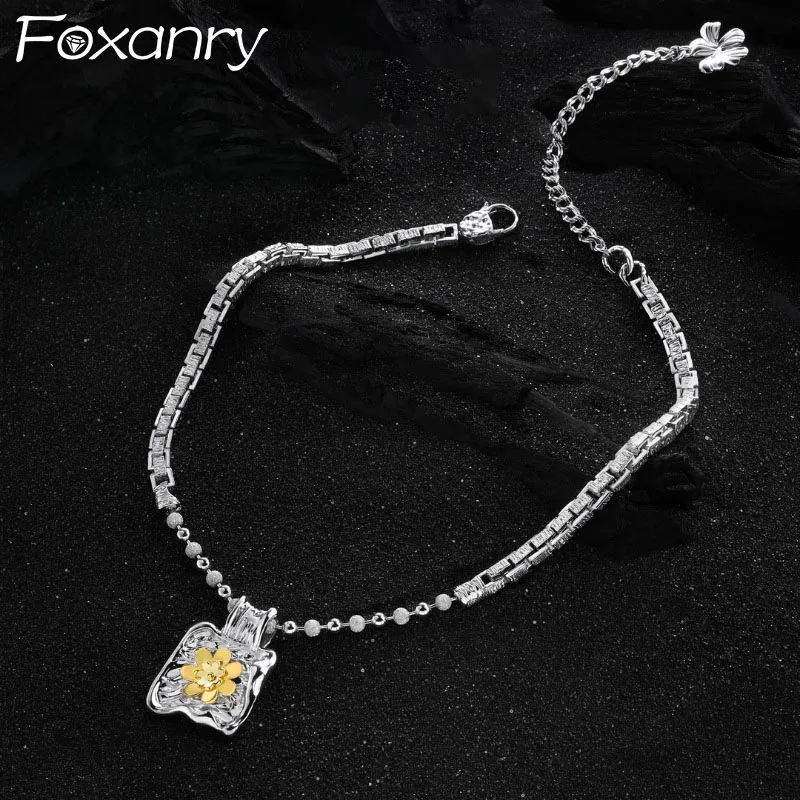 Foxanry Gold Color Flower Pendant Necklace For Women Girl Heavy Industry Fashion Vintage Clavicle Chain Anniversary Jewelry Gift