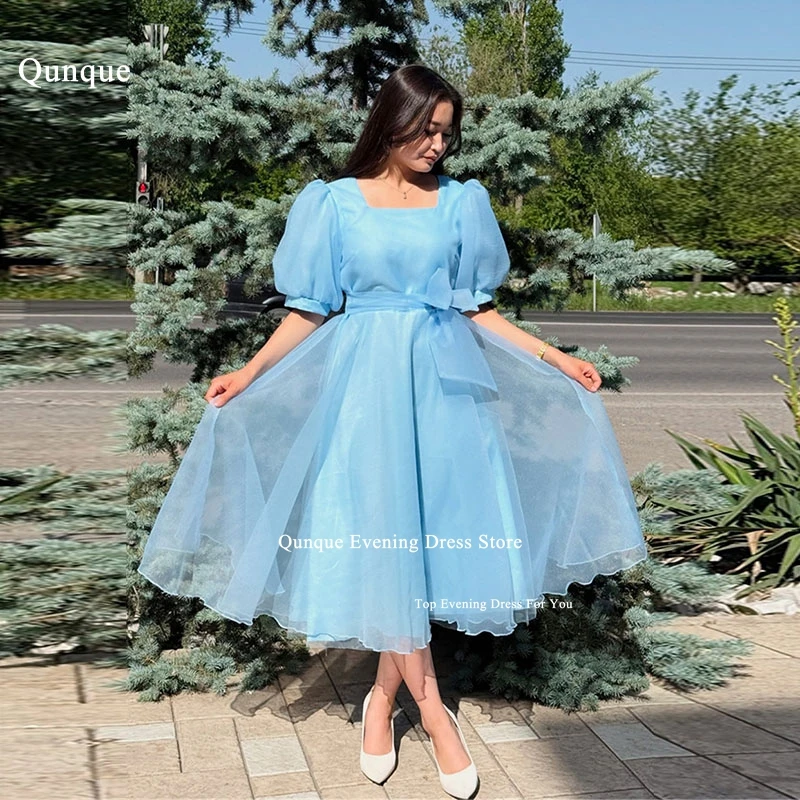 

Qunque Tea Length Organza Prom Dress Puff Sleeves A Line Evening Dress Women Wear Formal Party Evening Gowns With Bow Customized