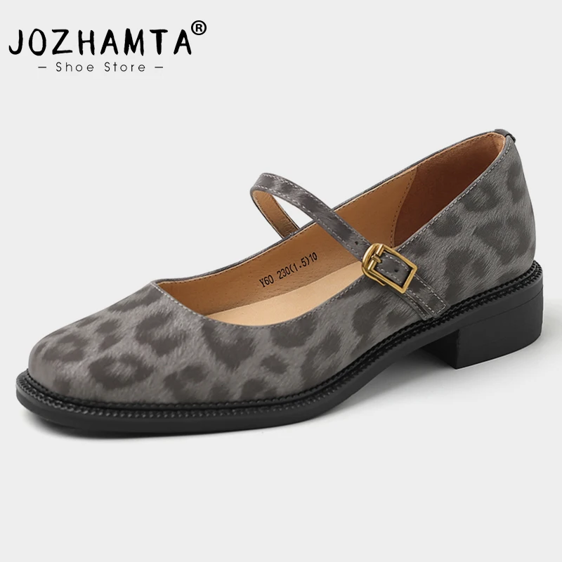 JOZHAMTA Women Leopard Pumps Genuine Leather Buckle Strap Thick Mid Heels Shoes Ins Spring 2025 Vintage Office Dress Size 34-40