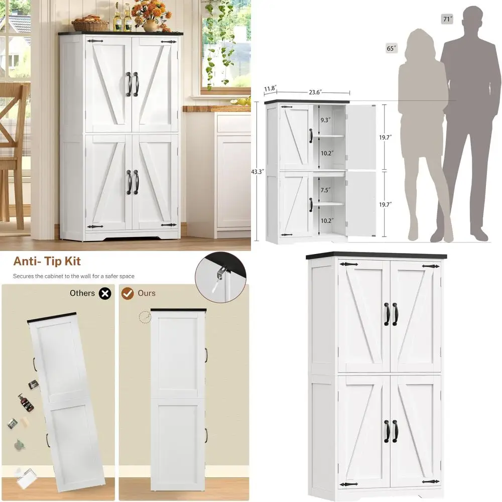 

White Storage Cabinet with Adjustable Shelves, 4-Door Bathroom Cabinet, Kitchen Cupboard for Various Rooms