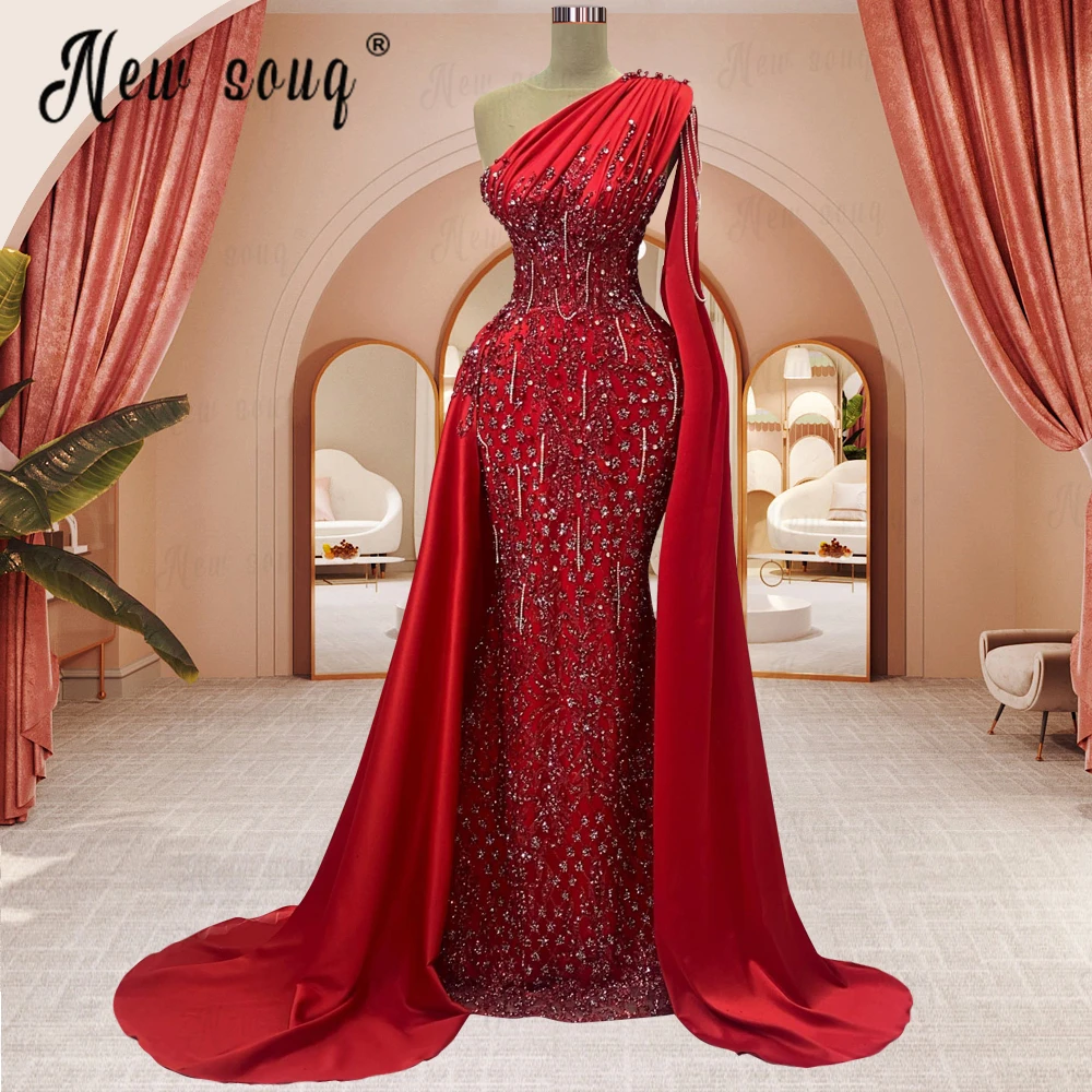 Bright Red Ceremony Dress Long Cape Sleeve Mermaid Sequins Wedding Party Gowns Dubai Formal Prom Dresses Custom Made 2024