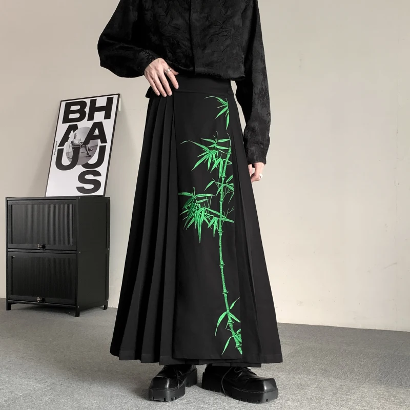 

Casual Bla Pants Skirt Hybrid Retro Chinese Sle een Bamboo Print A-Line Skirt Men's Low Waist Polyester Fiber Long Pants