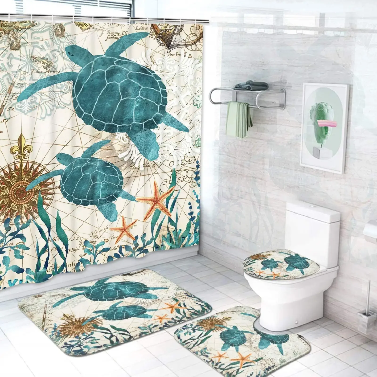 

Sea Turtle Shower Curtain Set Non-Slip Rugs Toilet Lid Cover Bath Mat Nautical Ocean Bathroom Curtains Set Durable Waterproof