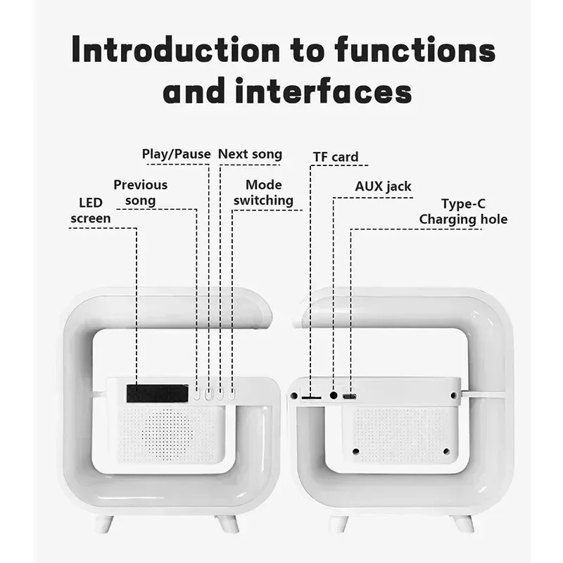 Suporte de carregador sem fio multifuncional, bluetooth 5.0, alto-falante, fm, tf, rgb, luz noturna, estação de carregamento rápido para iphone, samsung, xiaomi