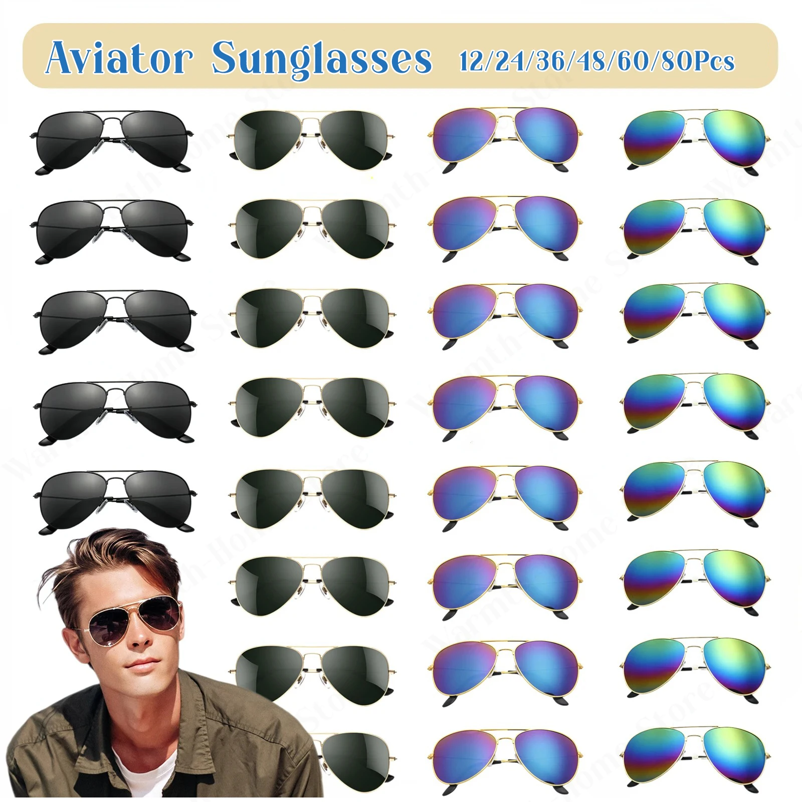 Óculos de Sol Aviador (12-80 Peças) para Homens e Mulheres, Lembrancinhas de Casamento para Convidados, Óculos de Sol Top Gun para Festas, Óculos de Sol Piloto de Metal UV400 para Praia