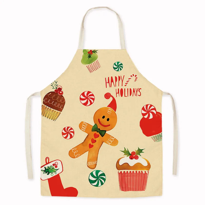 Merry Christmas Pattern Linen Hand Wipe Sleeveless Waist Apron Adult Children Home Festival Decor Kitchen Cooking Tablier