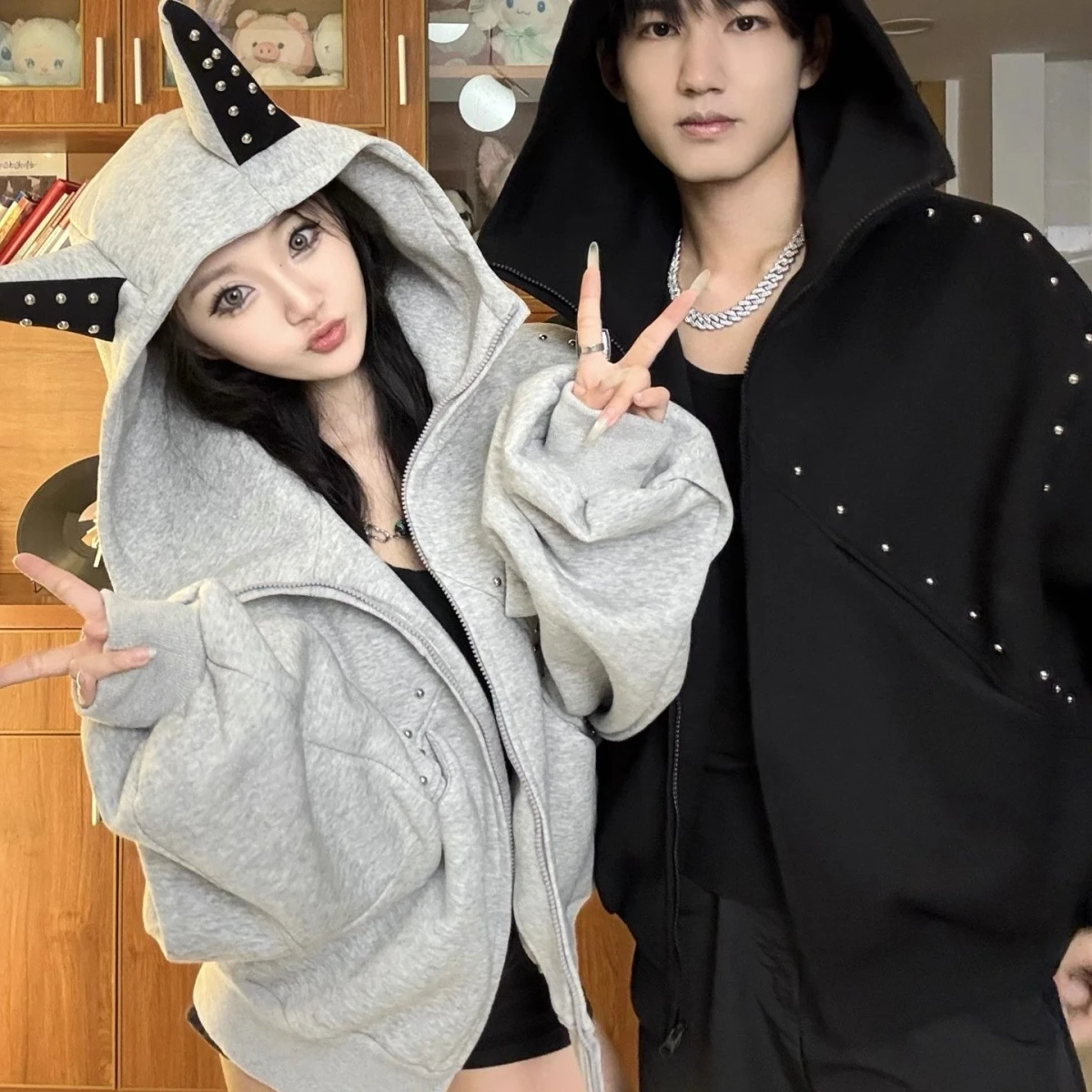 

Свободная толстовка в американском стиле с ушками собаки, унисекс, осенне-весенняя, с пэчворком, для пар, открытый кардиган-куртка