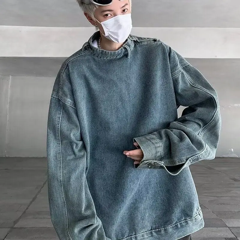 Fall Denim Men Long Sleeves Stand T Shirts Teenager Korean Fashion Casual High Street Punk Loose Clothes Campus Home Daily Date