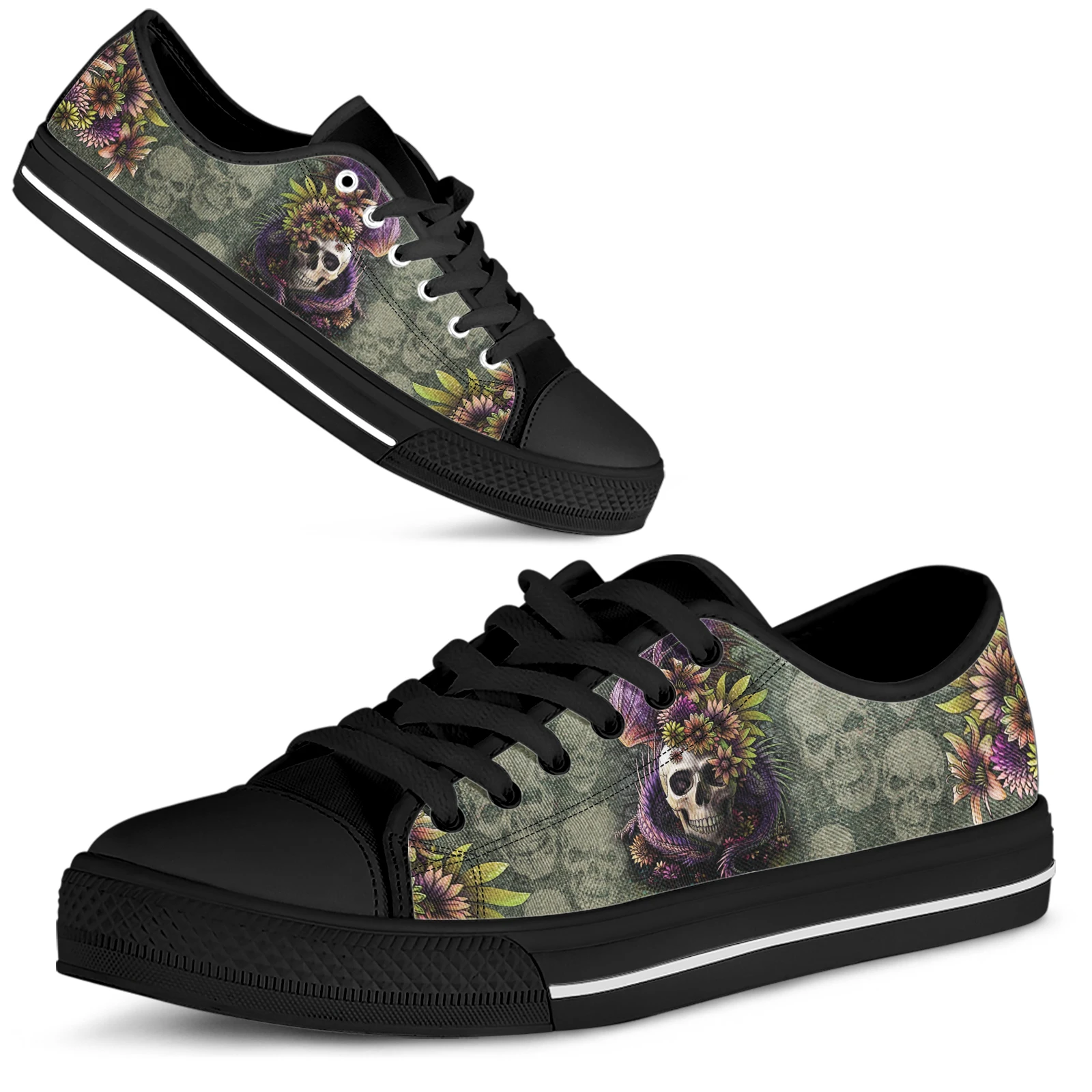 ELVISWORDS Octopus Skeleton Print Flat Shoes Sunflower Blossom Skull Canvas Shoes Floral Design Lightwweight Casual Sneakers