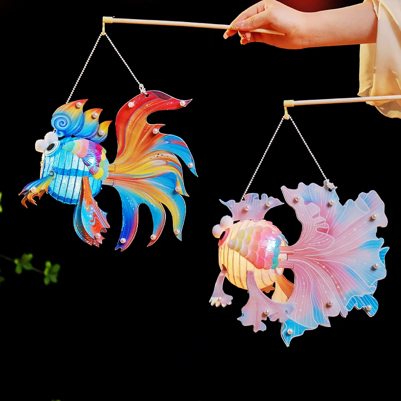 LED Light Kids Mid-Autumn Festival Lantern Blessings Handmade Fish Glow Handheld Lantern Portable Glowing Koi Carp Fish Lantern