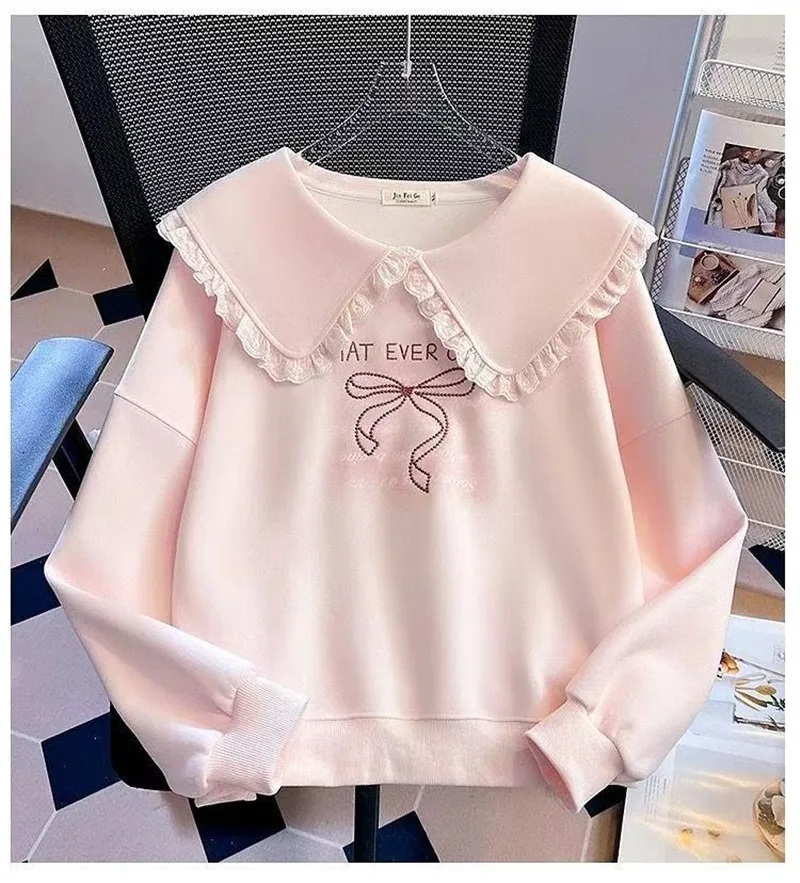 

Girls Spring And Autumn Doll Collar Sweater Spring junior High School High School Students College Style Lace Embroidery Blouse