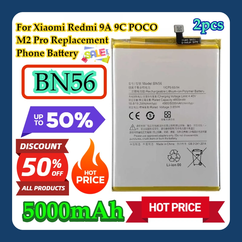 

2pcs For Xiaomi Redmi 9A 9C POCO M2 Pro Replacement Batteries BN56 5000mAh Phone Battery