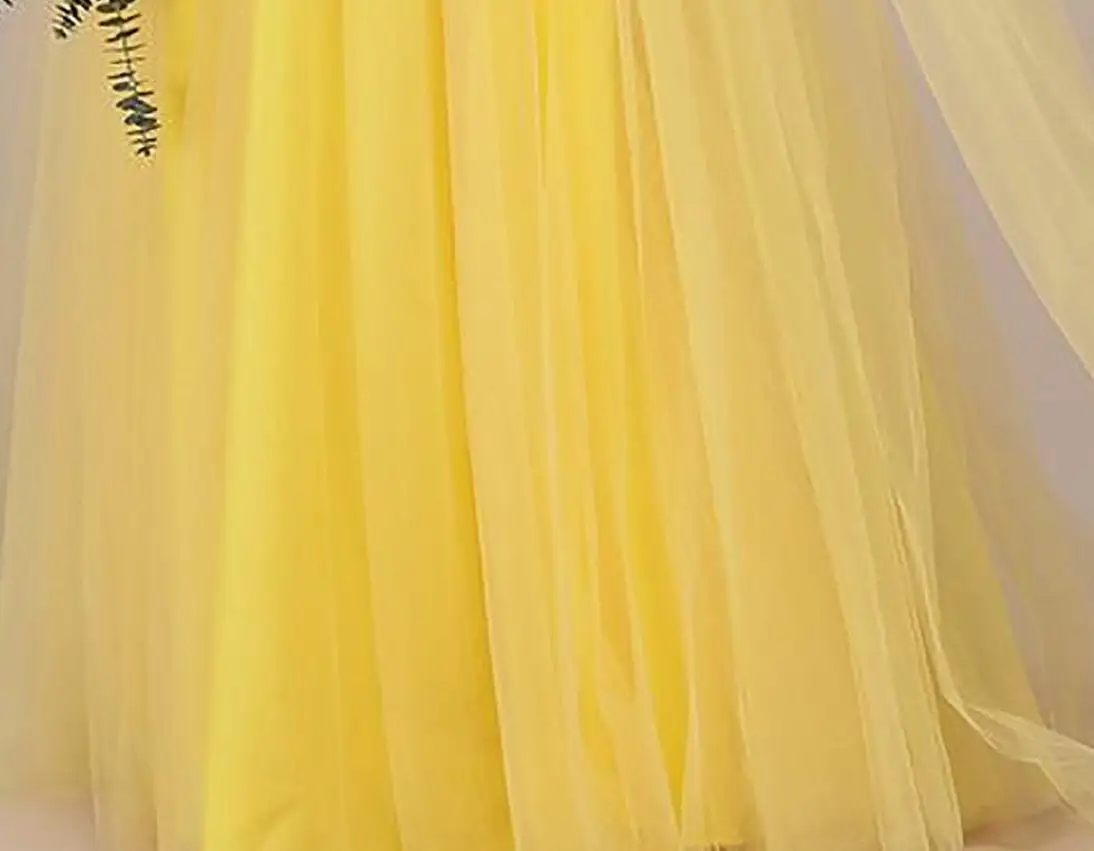 Vestido de dama de honra amarelo para festa de casamento, Fora do ombro, Cap Sleeve, Long A-Line, V-Neck Tulle, Maid of Honor Cocktail Dress